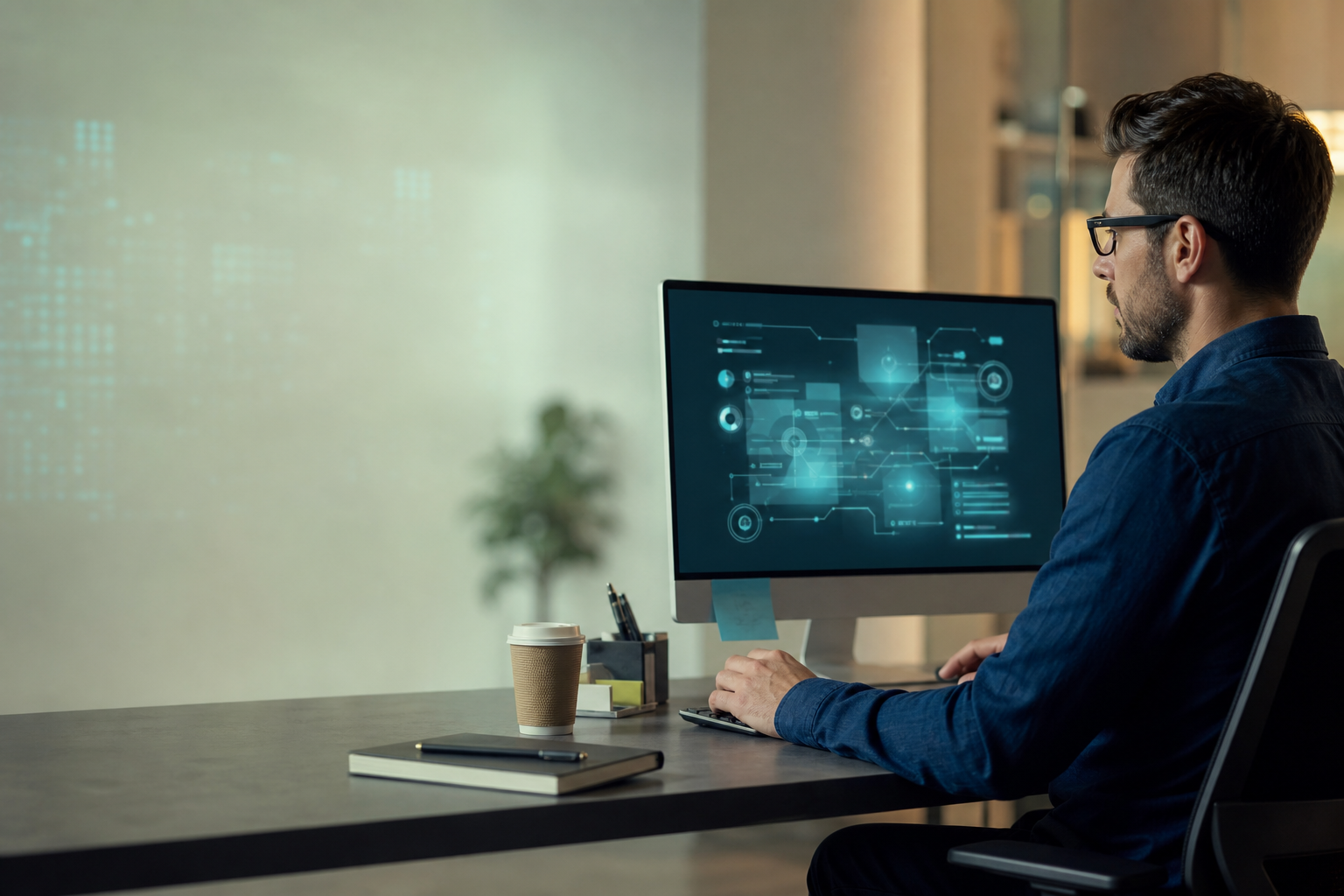 Professional using technology in a bright workplace setting
