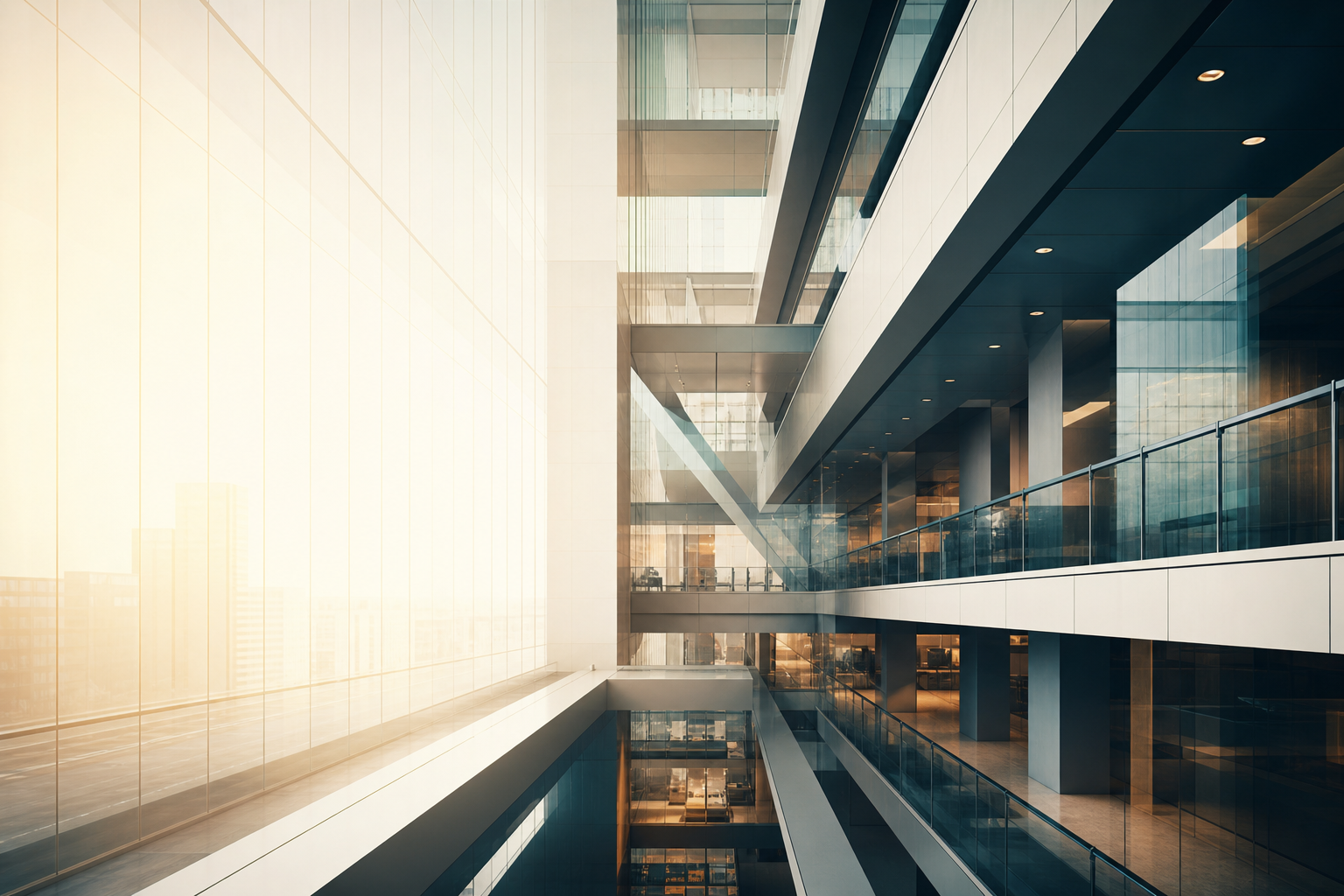 Architectural interior with geometric lines suggesting connected operational layers