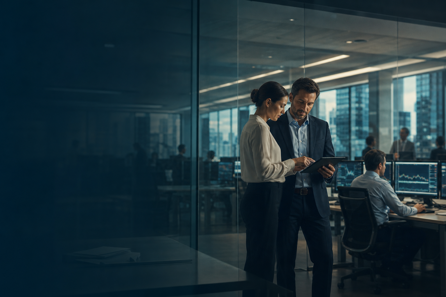 Financial services office with professionals reviewing operational systems