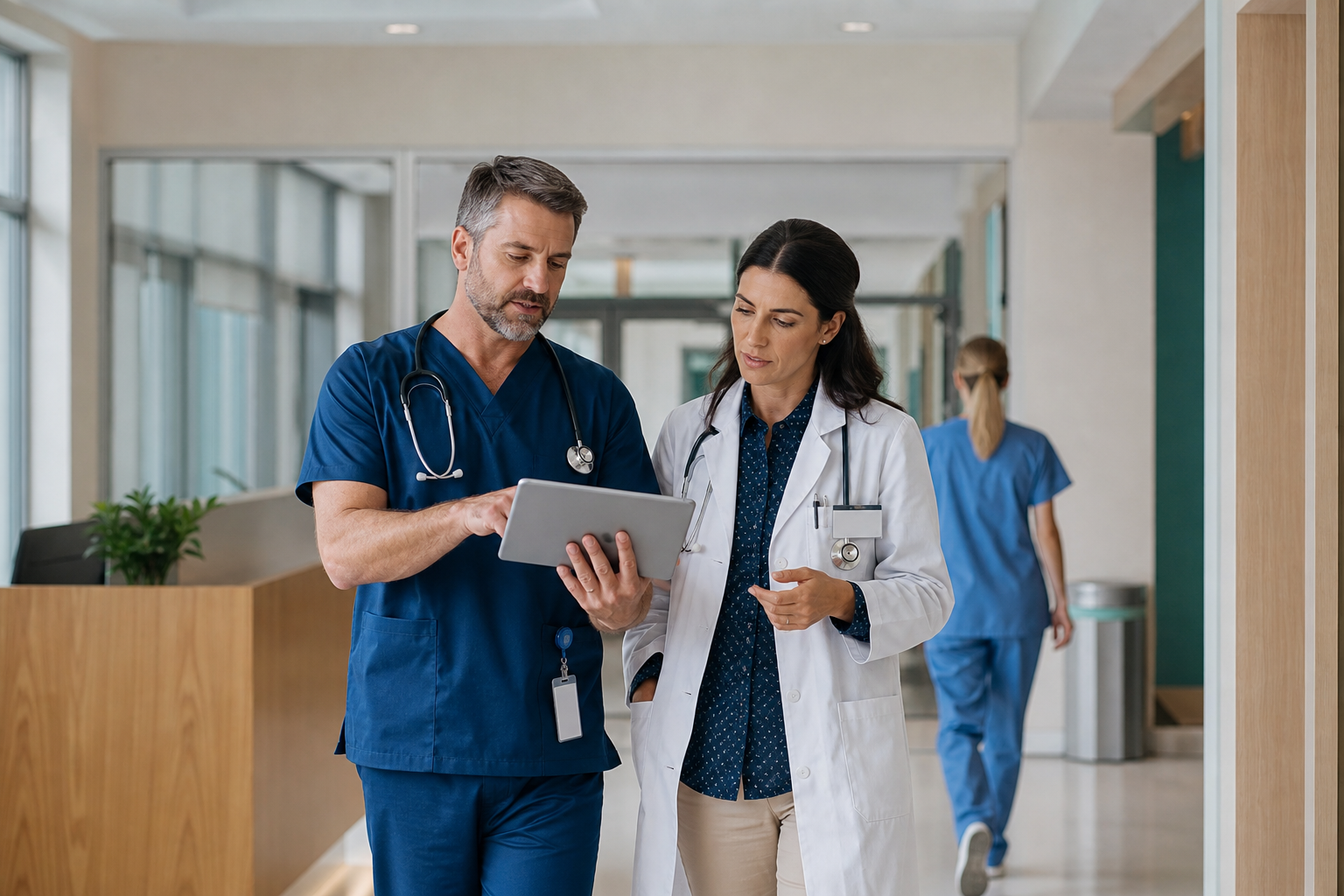Healthcare facility corridor with clinical and administrative staff
