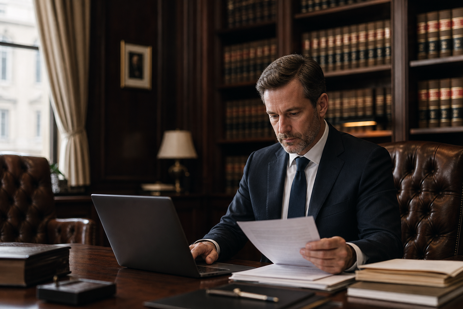 Law firm office environment emphasizing confidentiality and document work