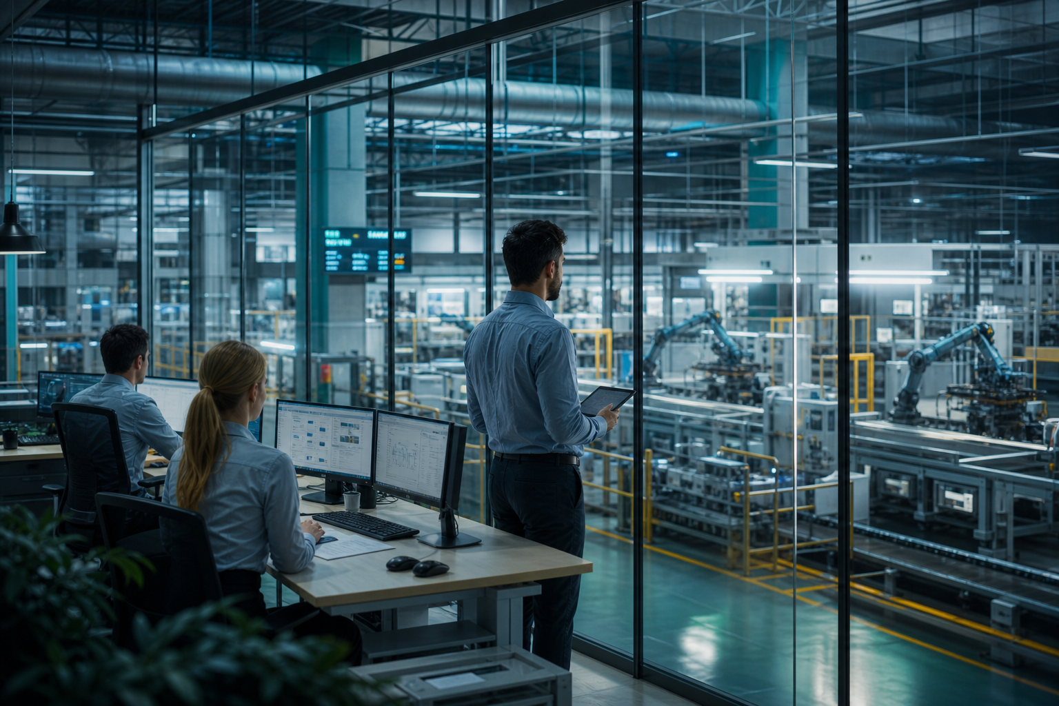 Manufacturing facility combining plant floor operations and office oversight