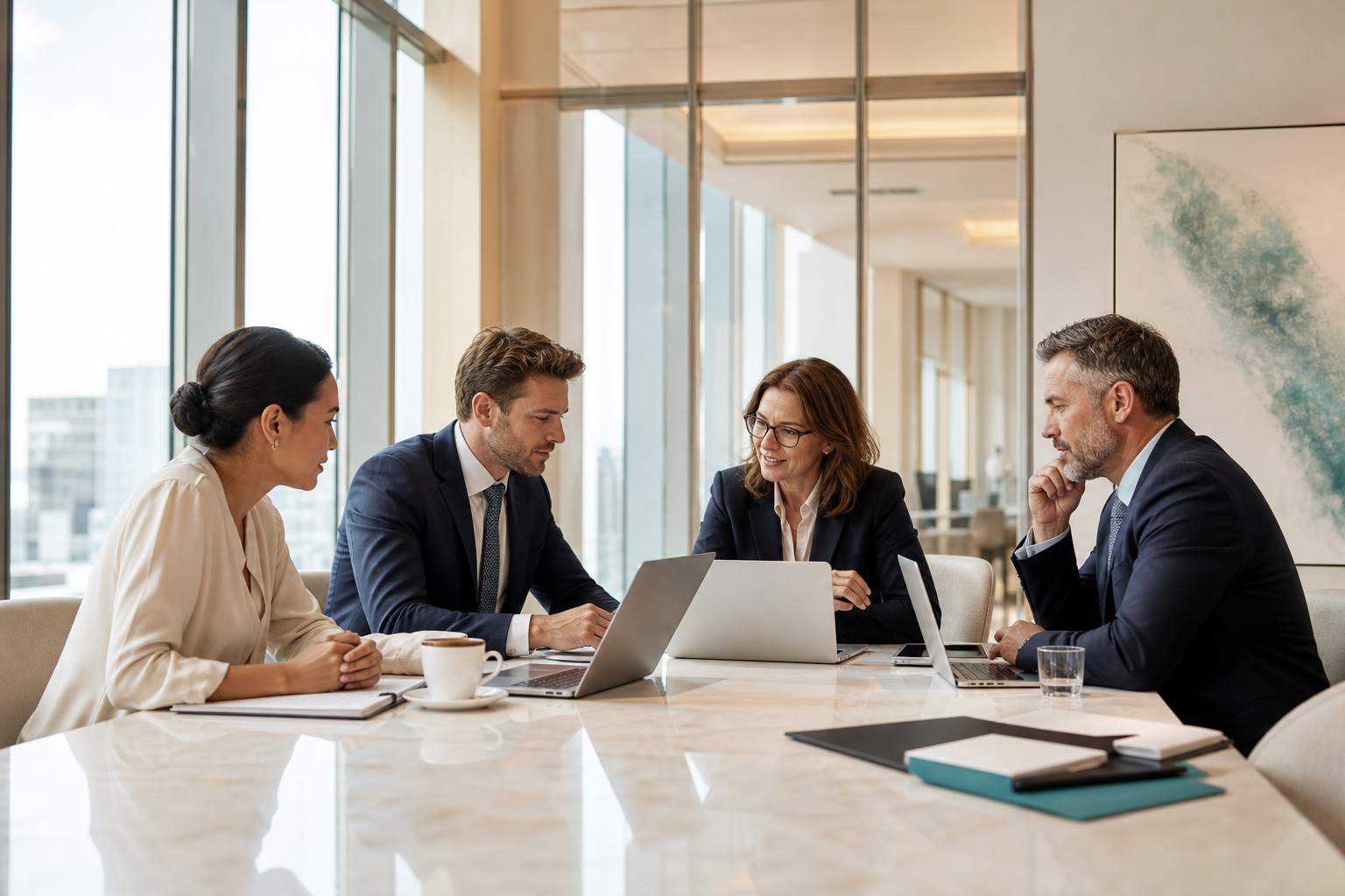 Professional services team collaborating in a modern office